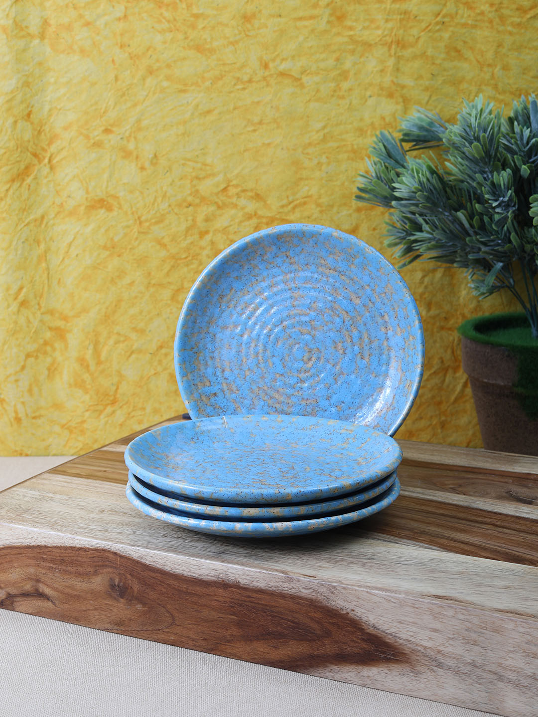 Buy VarEesha Set Of 4 Blue Textured Ceramic Plates Dinnerware for