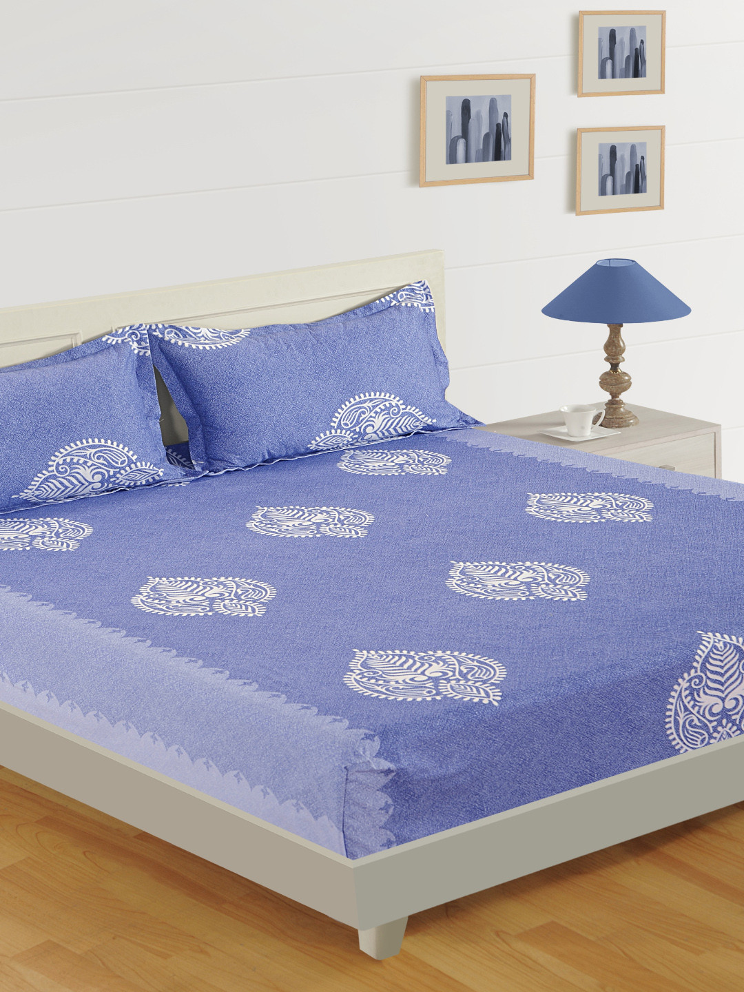 Buy SWAYAM Blue Ethnic Motifs 250 TC Cotton 1 Queen Bedsheet With 2