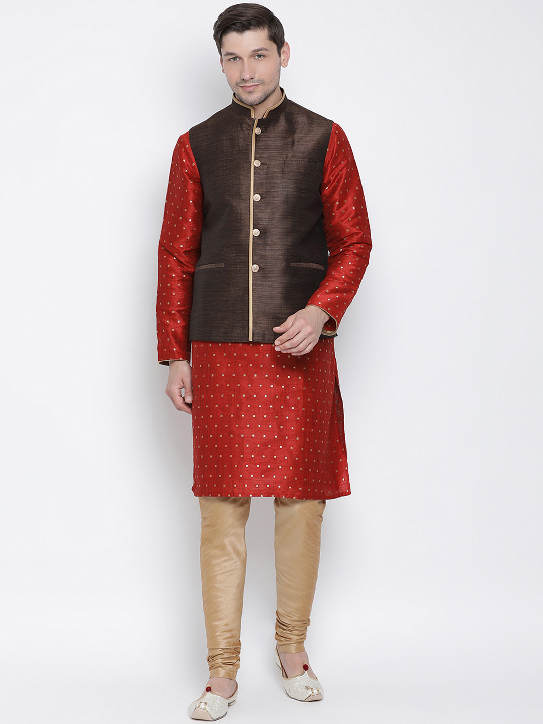 Buy VASTRAMAY Men Maroon Gold And Brown Solid Kurta And Churidar With