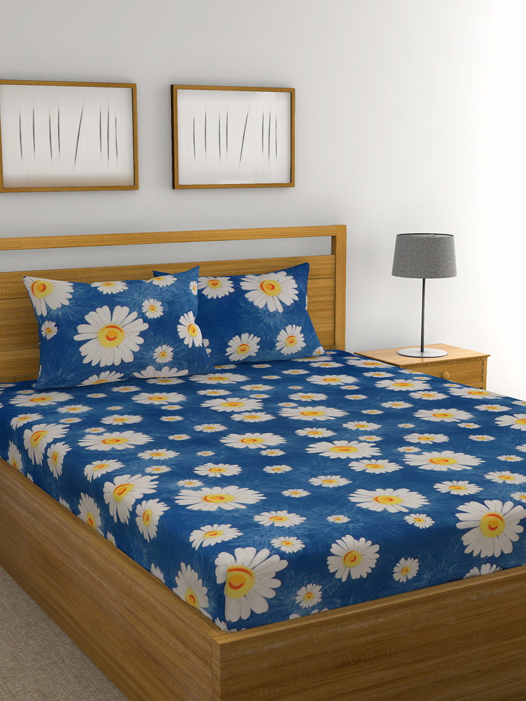 Buy Raymond Home Blue & White Floral 104 TC Cotton 1 Queen Bedsheet
