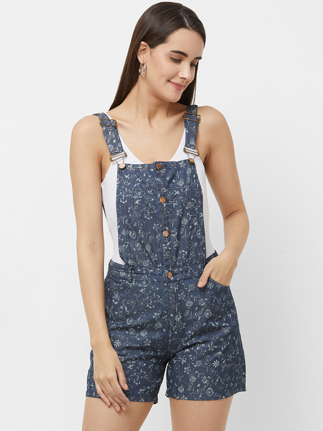 Buy 109F Women Navy Blue & White Floral Printed Dungaree Dungarees