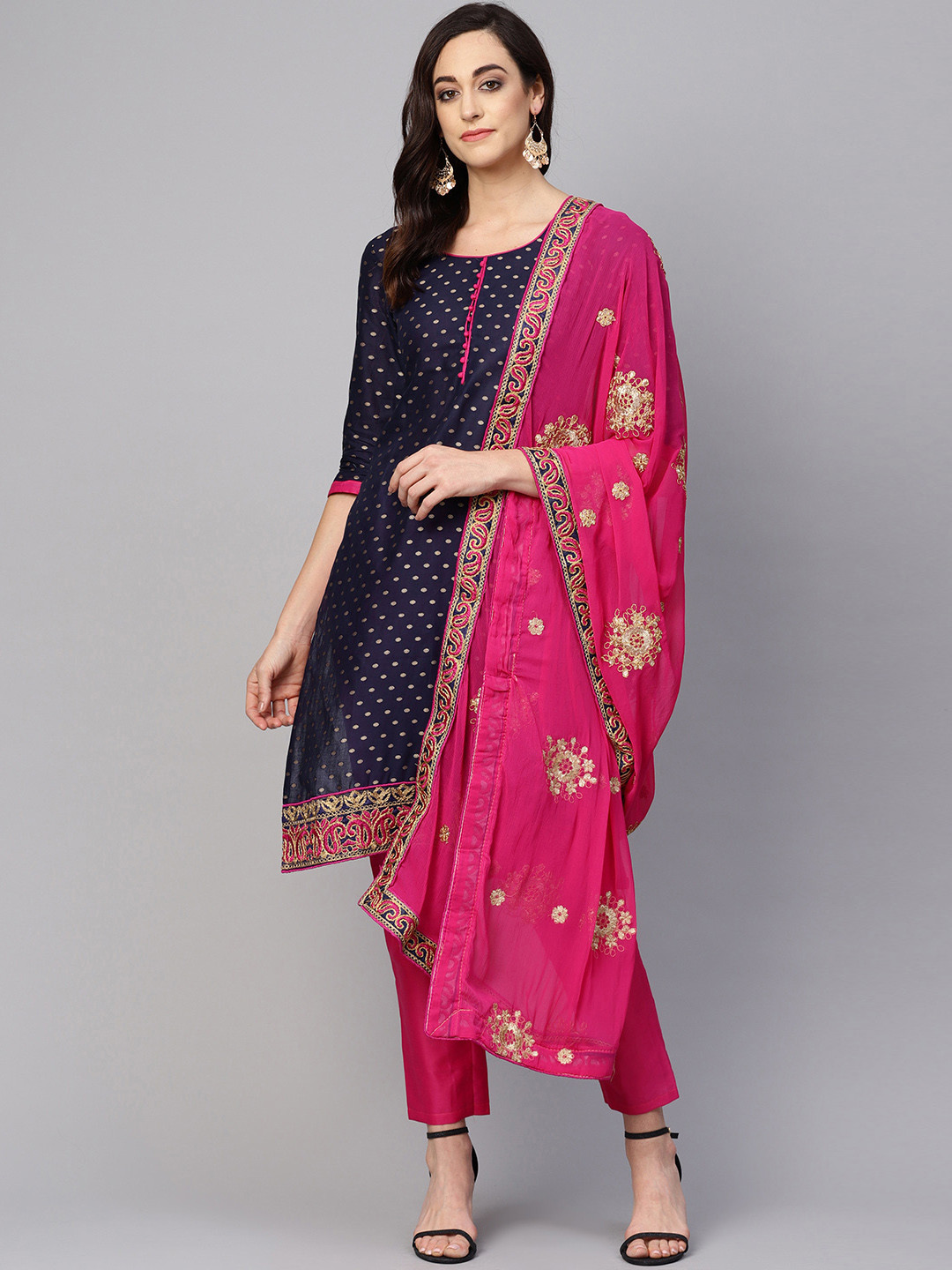 Women Navy Blue & Pink Ethnic Motifs Embroidered Regular Kurta With Trousers