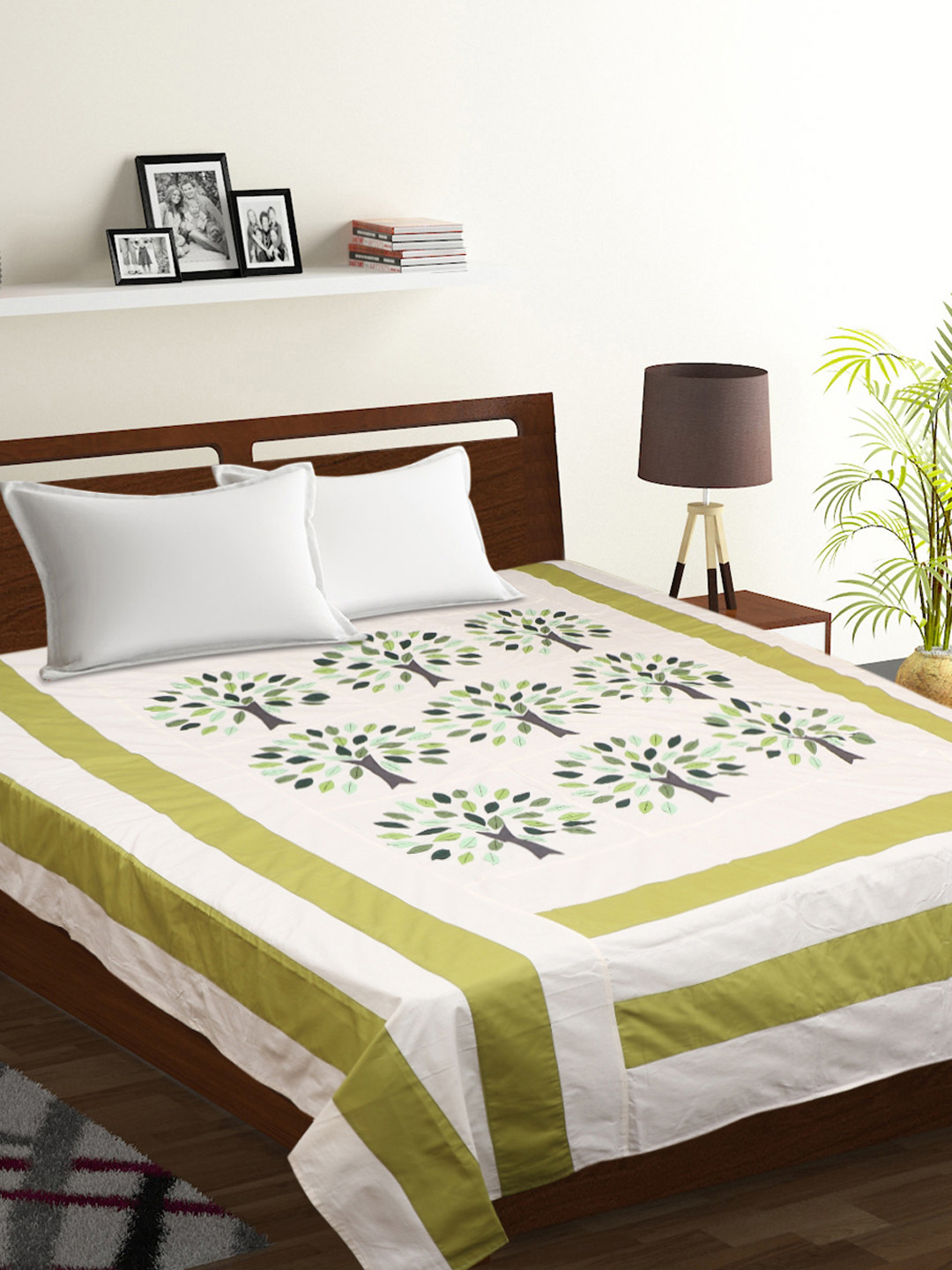 Buy VarEesha Green & Off White Printed Cotton Double Bed Cover Bed