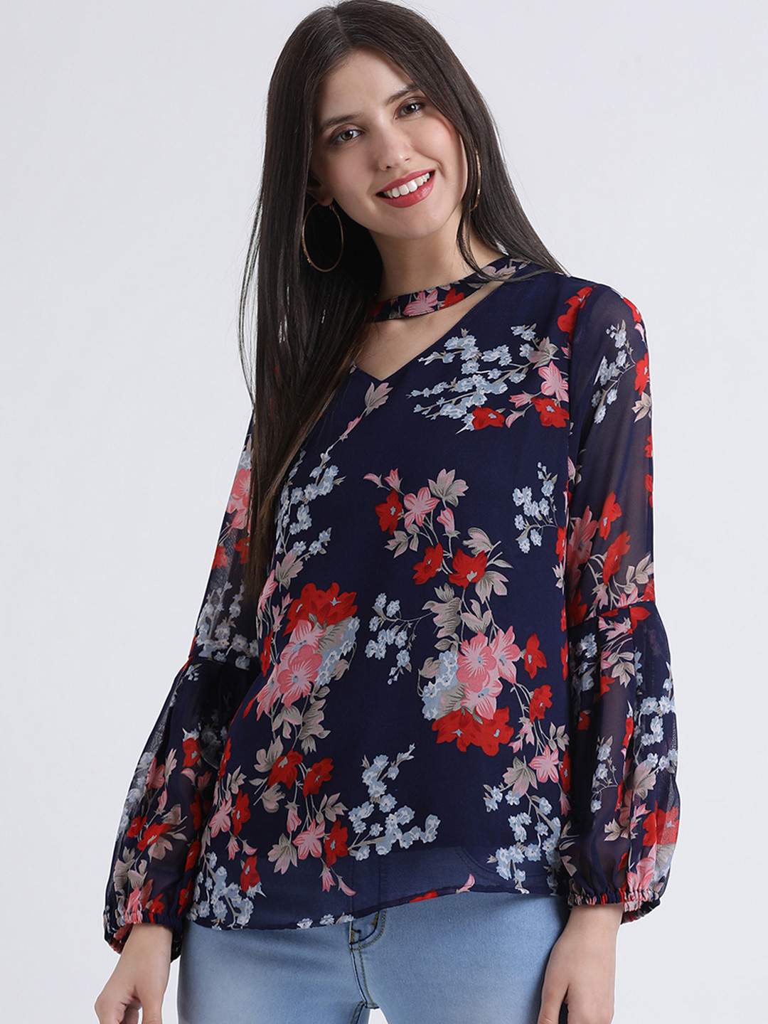Buy AkaAyu Women Navy Blue Floral Printed Top Tops for Women 10631804