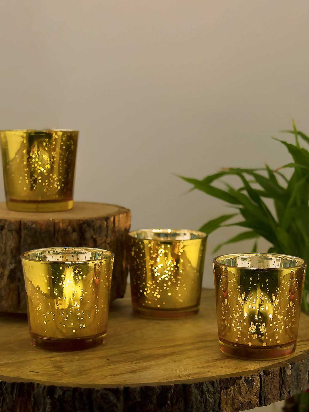 Buy Homesake Set Of 4 Gold Toned Tea Light Holders With Free Candles