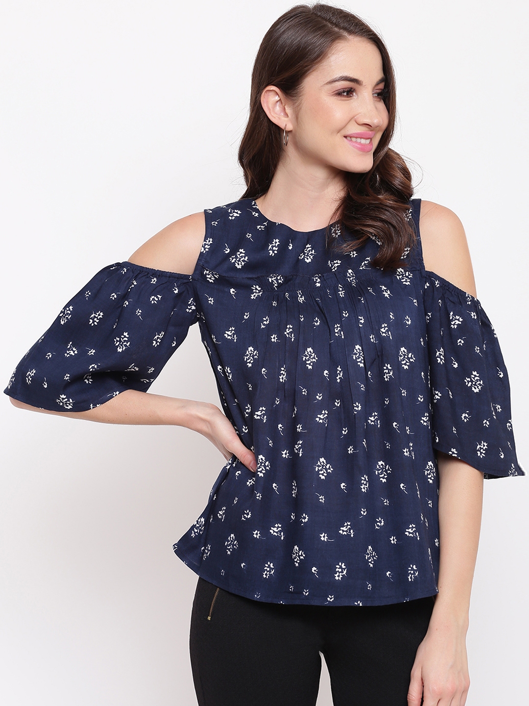 Buy Mayra Women Navy Blue & White Floral Printed A Line Top - Tops for ...