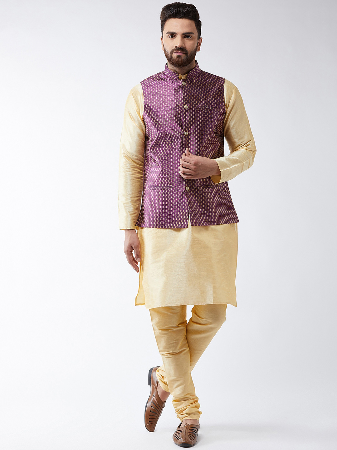 Floral Printed Kurta Set with Churidar & Nehru Jacket for Men | Indiaista