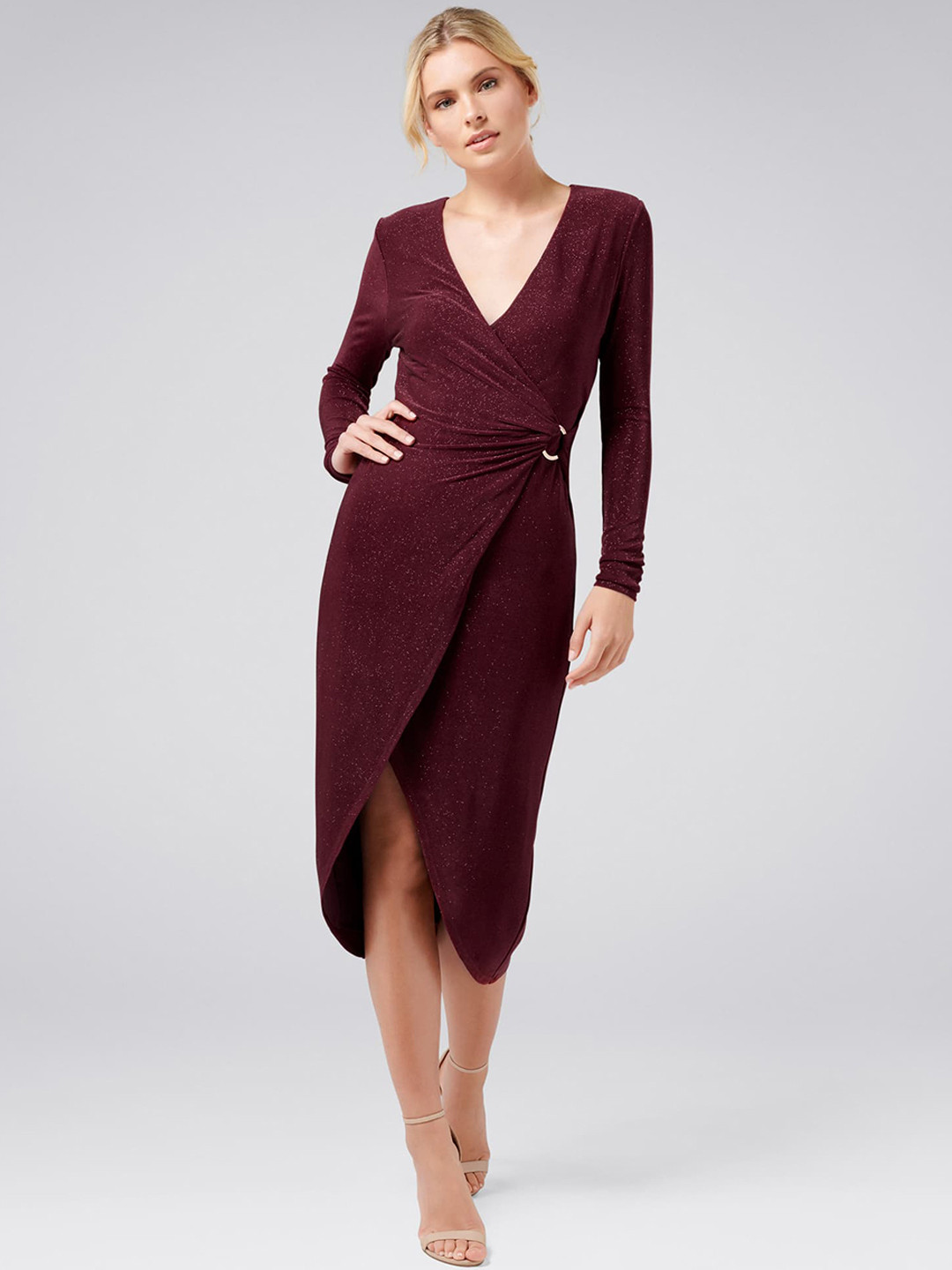 f21 maroon wrap style mid sleeve stretchy dress L main image 0
