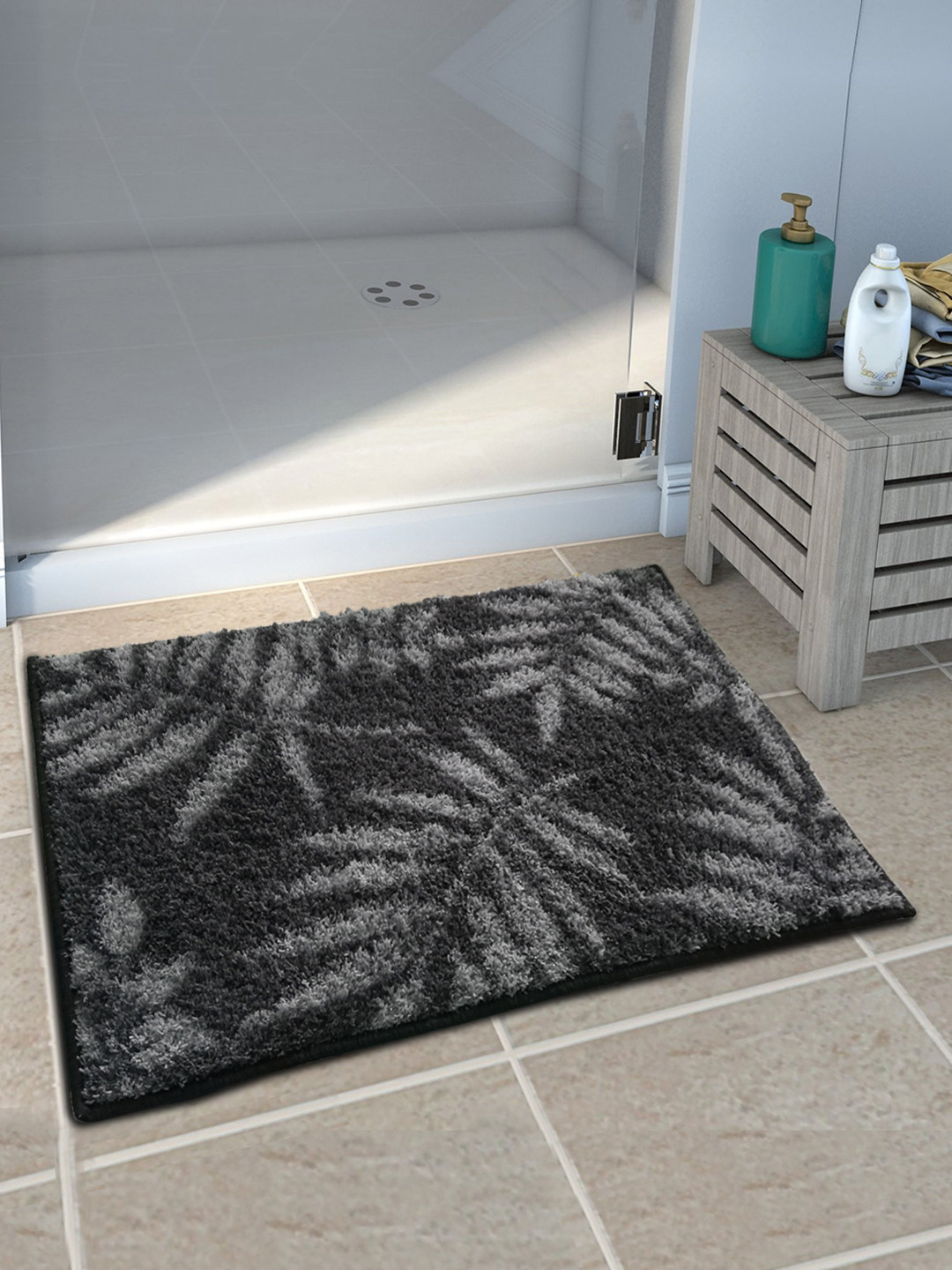 Buy Athom Trendz Grey & Charcoal Black Printed Anti Skid Bath Rug