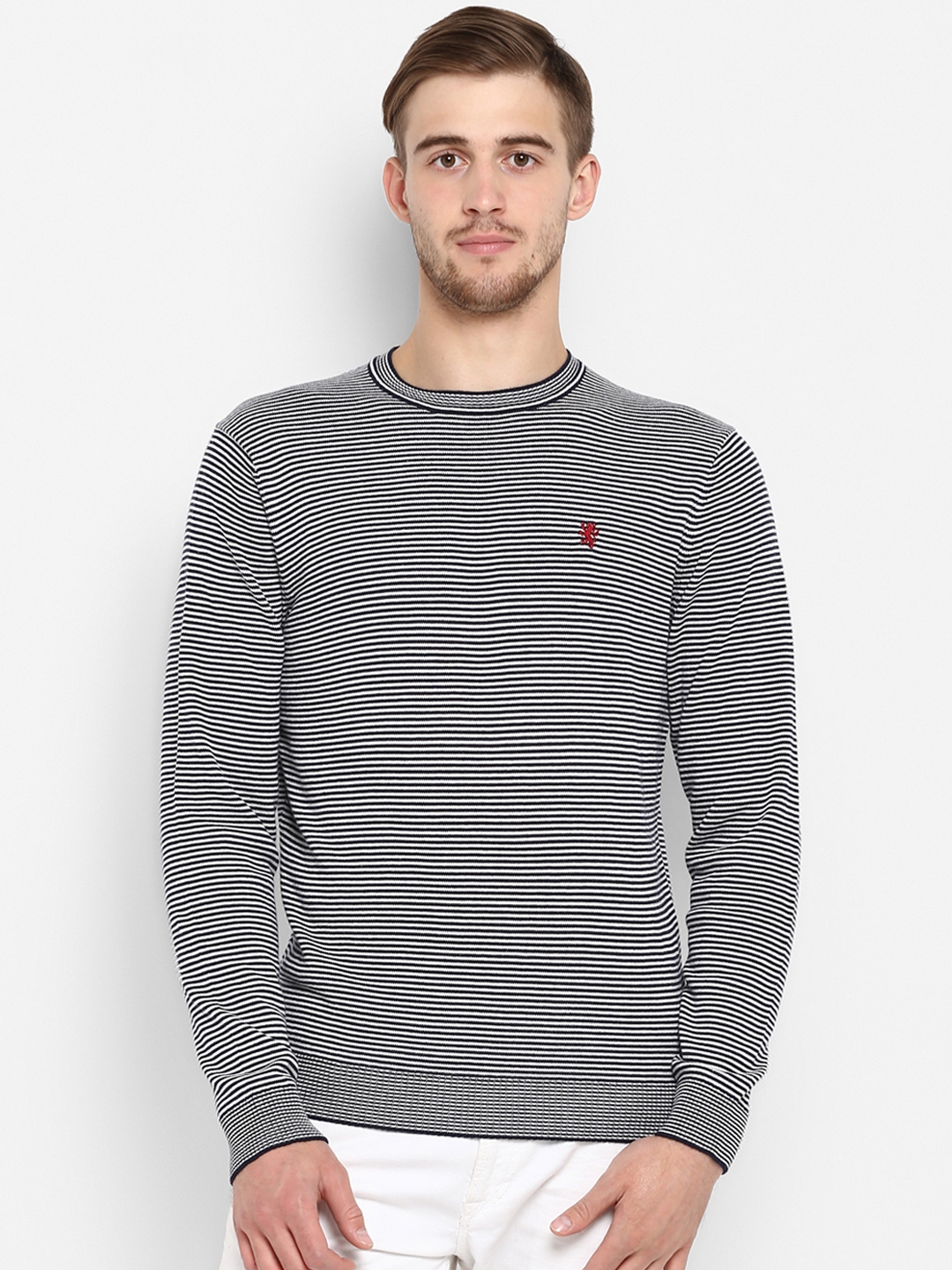 Buy Red Tape Men White & Navy Blue Striped Sweater - Sweaters for Men ...