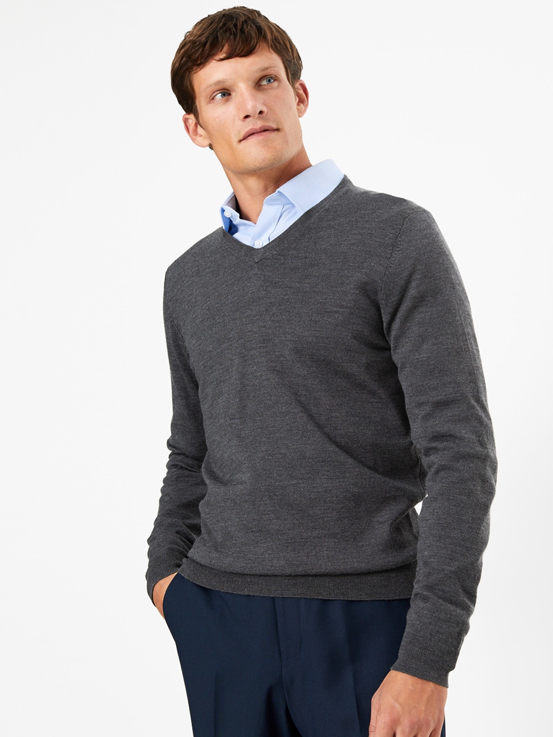 Buy Marks & Spencer Men Charcoal Grey Solid Merino Woollen Sweater ...