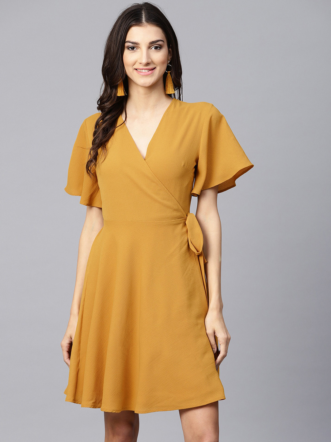 Buy Femella Women Solid Mustard Yellow Wrap Dress - Dresses for Women ...