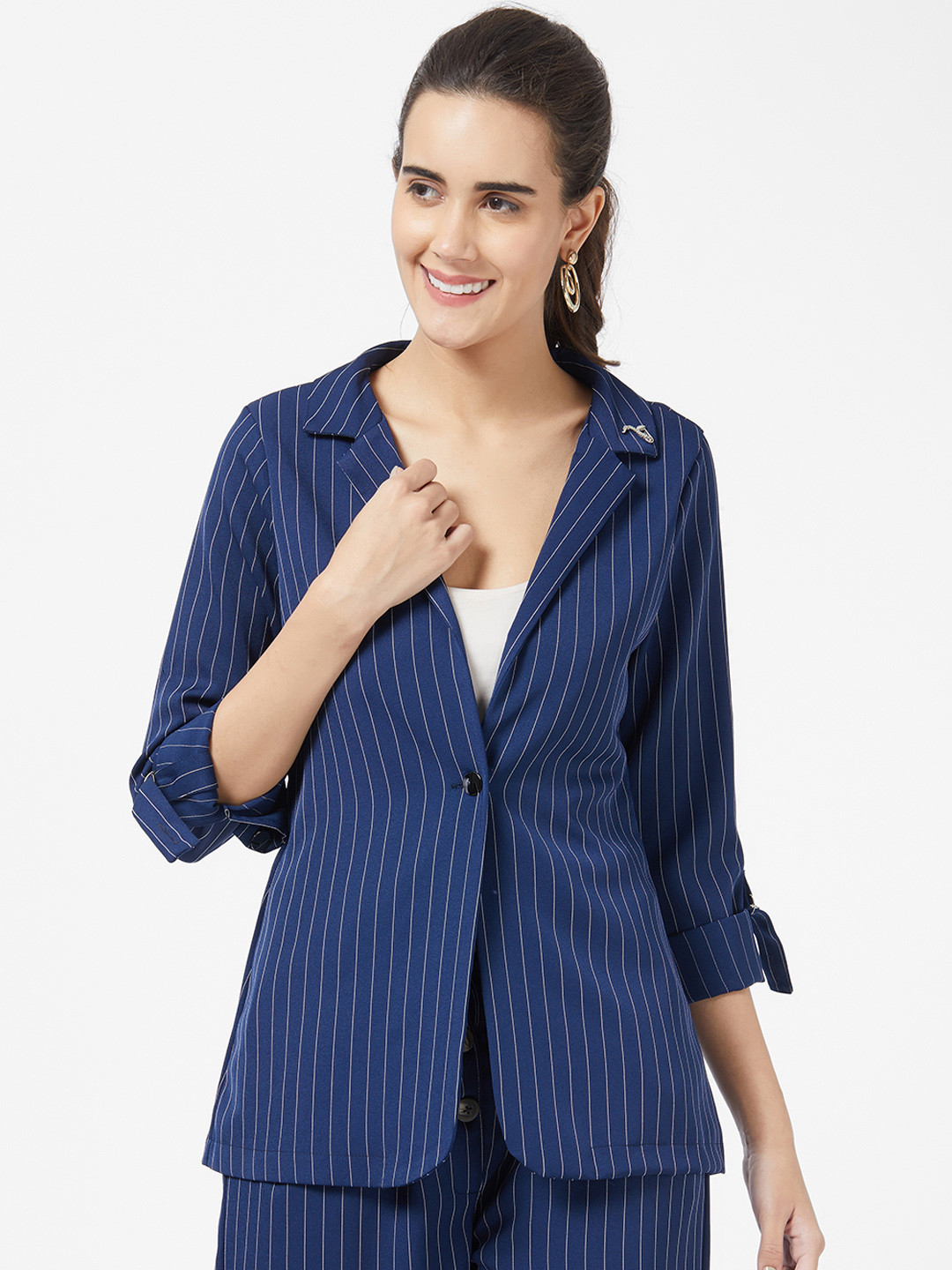 Buy Bkind Women Navy Blue Striped Blazer Blazers for Women 10658422