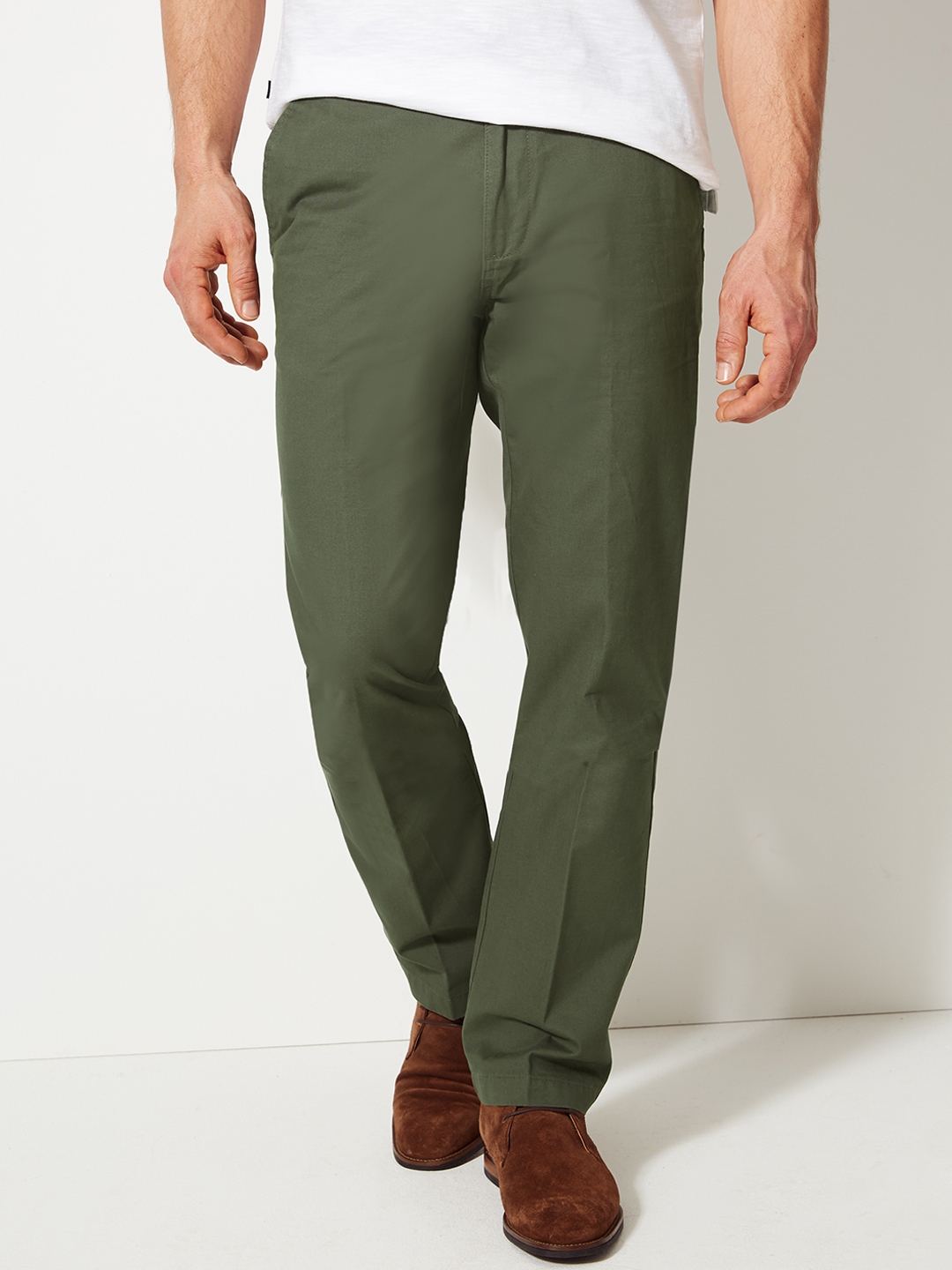 Buy Marks & Spencer Men Olive Green Regular Fit Solid Formal Trousers ...