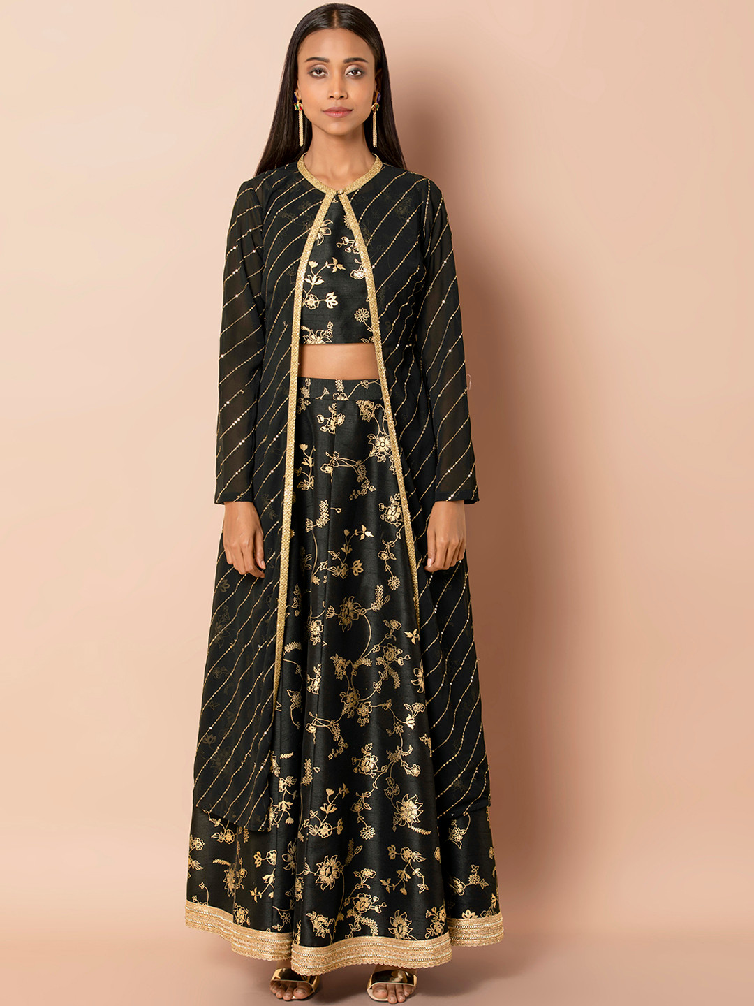 Buy INDYA Women Black Diagonal Sequinned Open Front Longline Ethnic