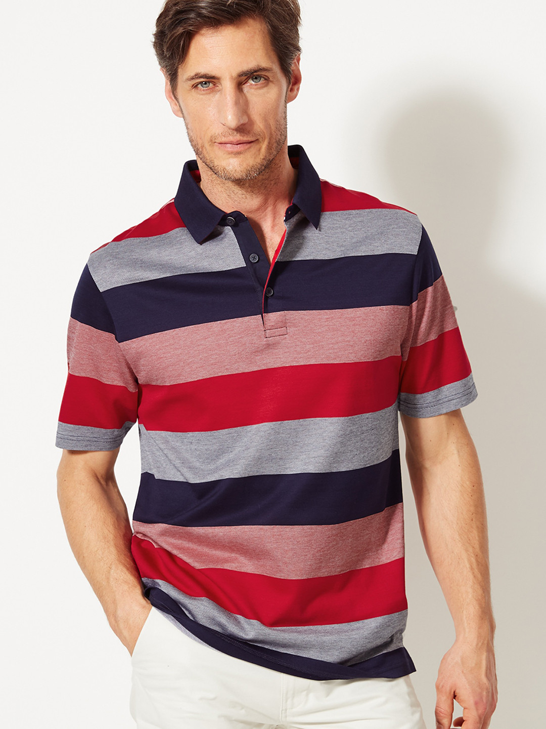 Buy Marks Spencer Men Red Navy Blue Striped Polo Collar Pure Cotton T Shirt - Tshirts for Men 