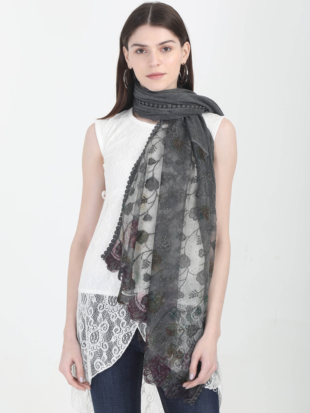 Buy FabSeasons Women Black Embroidered Scarf - Scarves for Women ...
