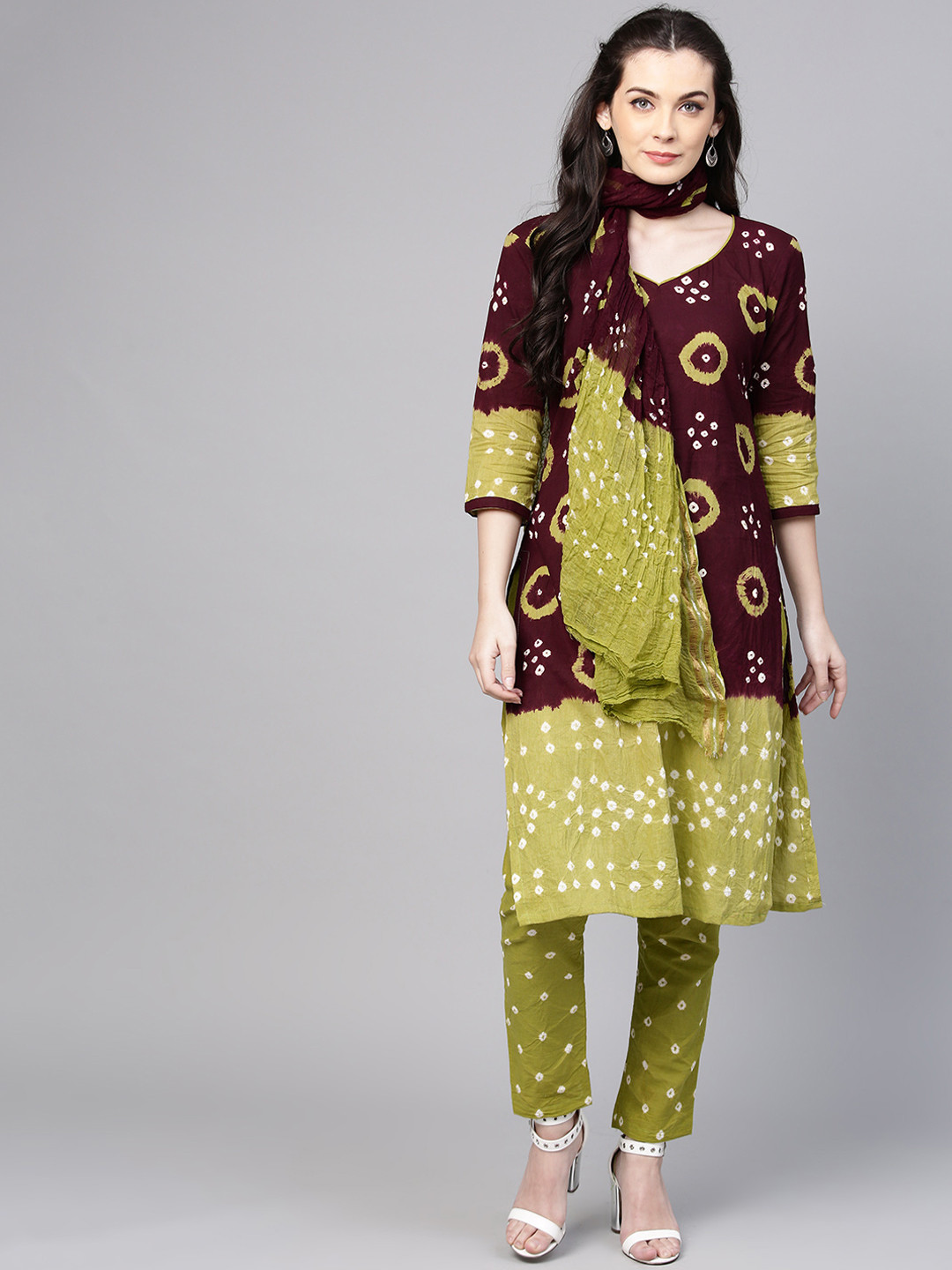 Buy Ishin Green & Brown Pure Cotton Unstitched Dress Material Dress