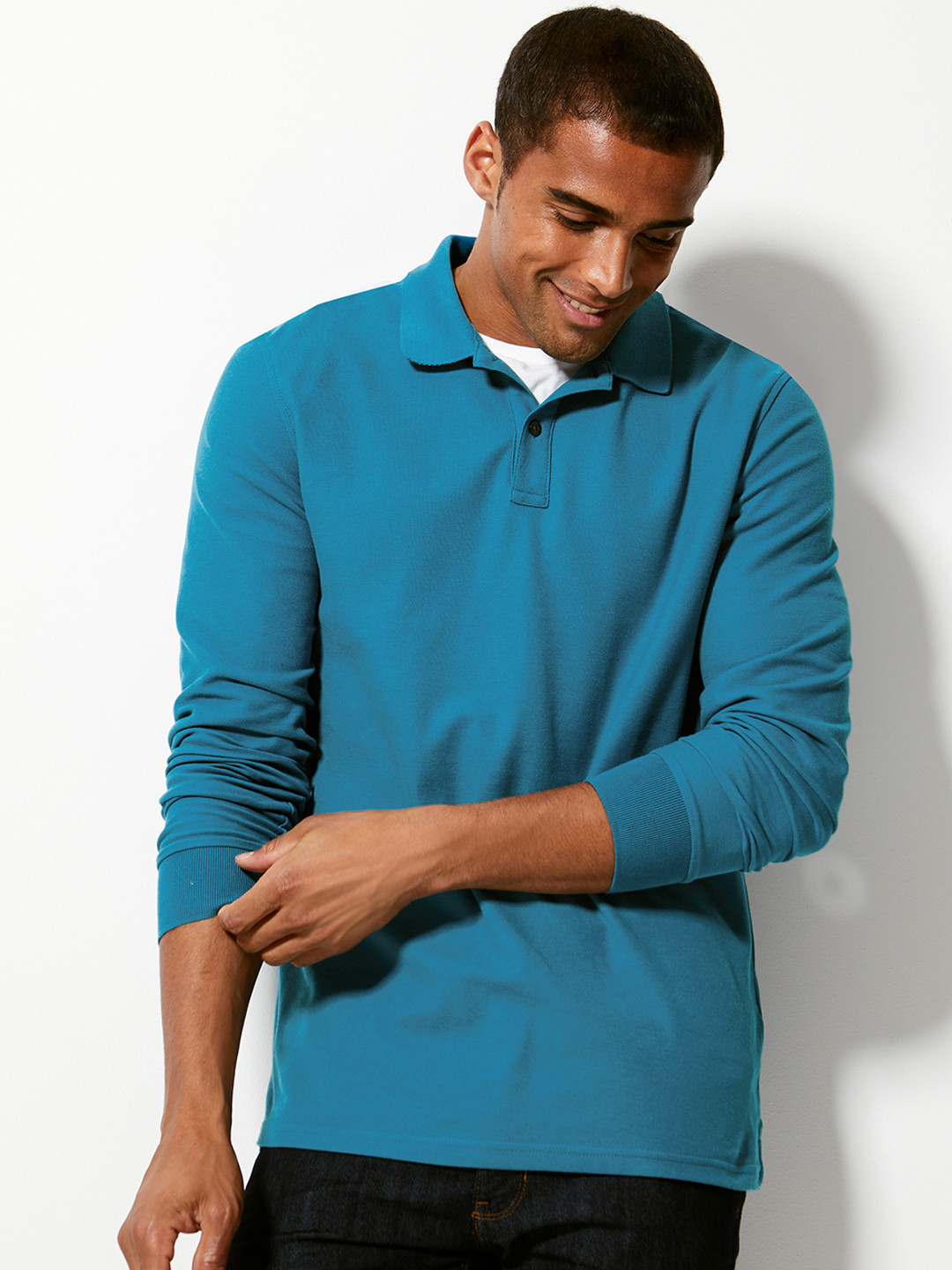 Buy Marks Spencer Men Teal Solid Polo Collar Pure Cotton T Shirt