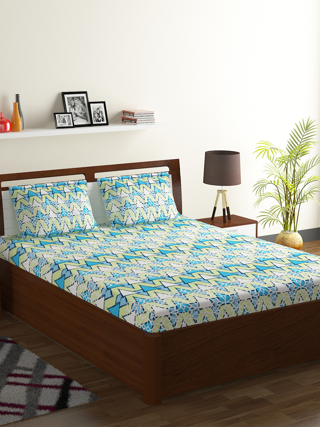 Buy BOMBAY DYEING Blue & Green Abstract 120 TC Cotton 1 King Bedsheet With 2 Pillow Covers