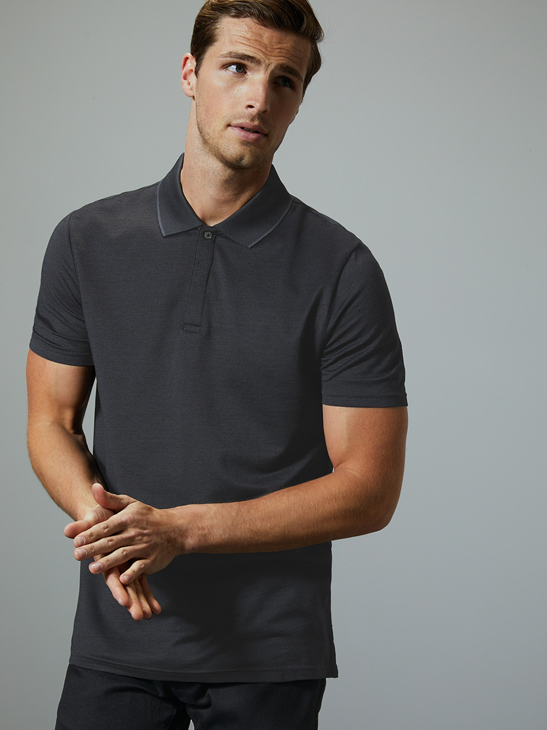 Buy Marks Spencer Men Charcoal Grey Solid Polo Collar Pure Cotton T
