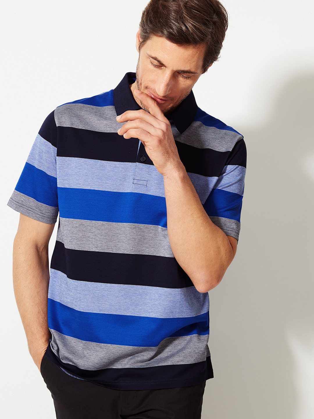 Buy Marks Spencer Men Blue Black Striped Polo Collar Pure Cotton T