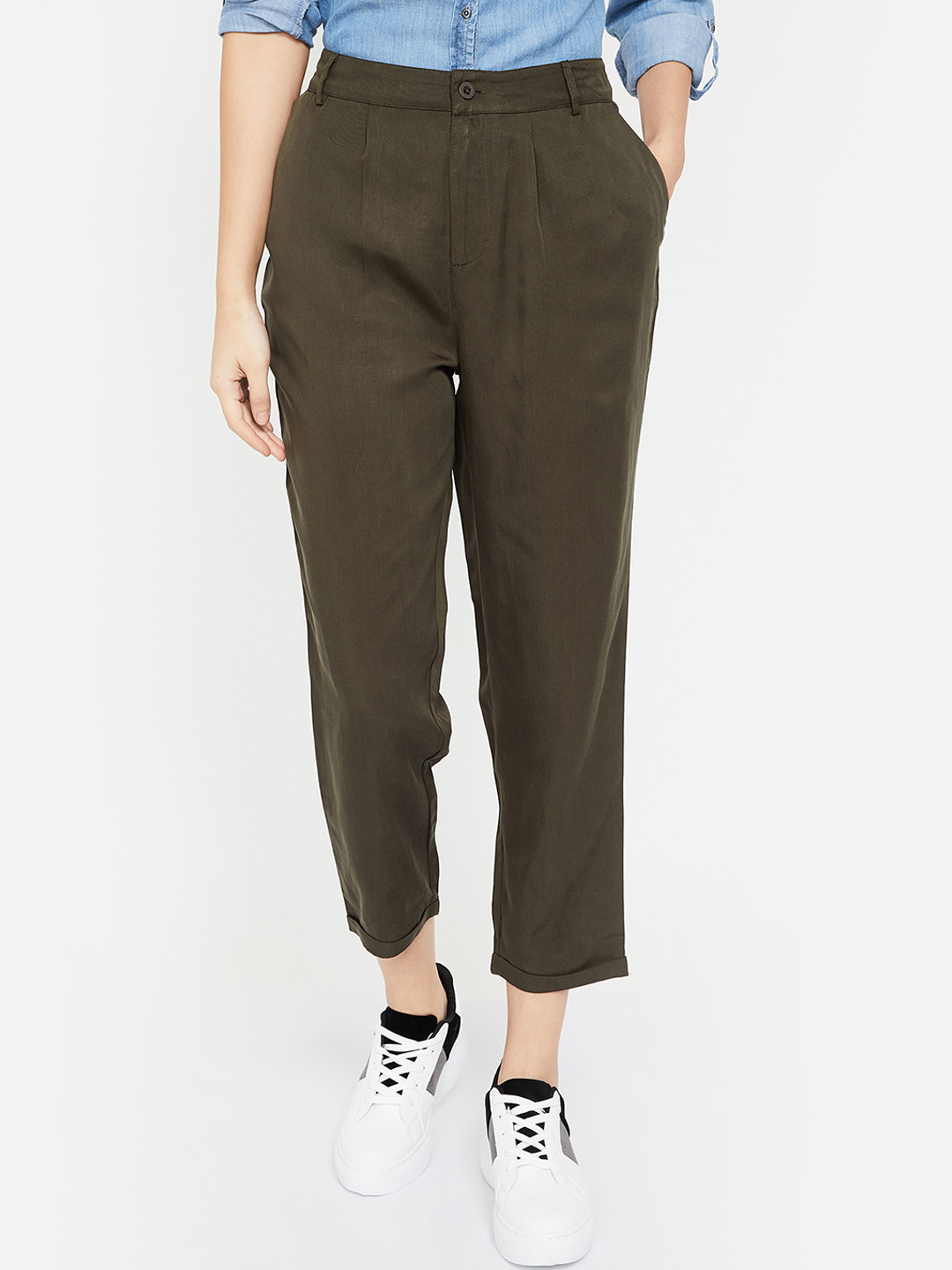 Buy Bossini Women Olive Green Regular Fit Self Design Cropped Regular ...