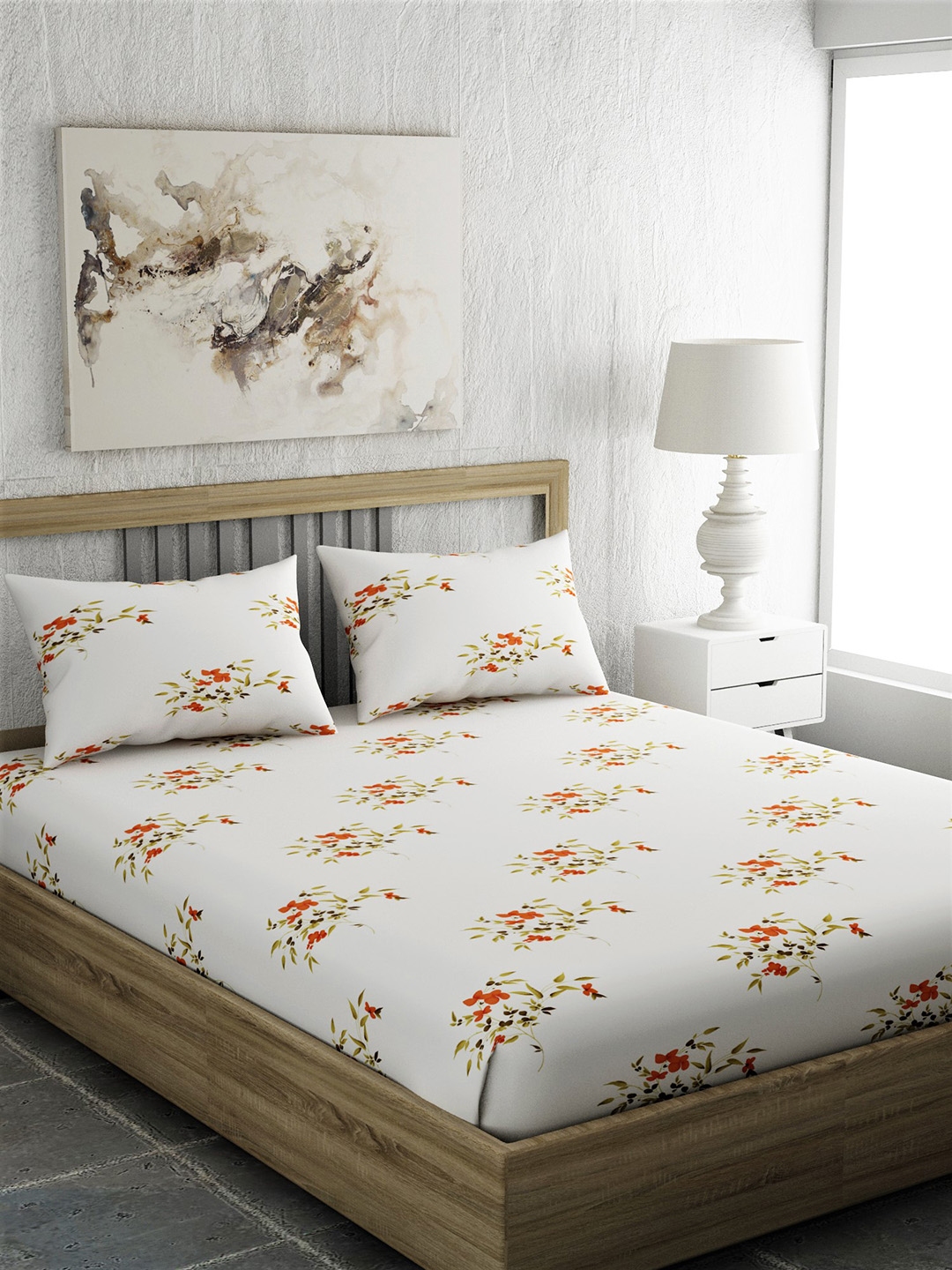 Buy EverHOME White & Orange Floral 210 TC Cotton 1 Queen Bedsheet With