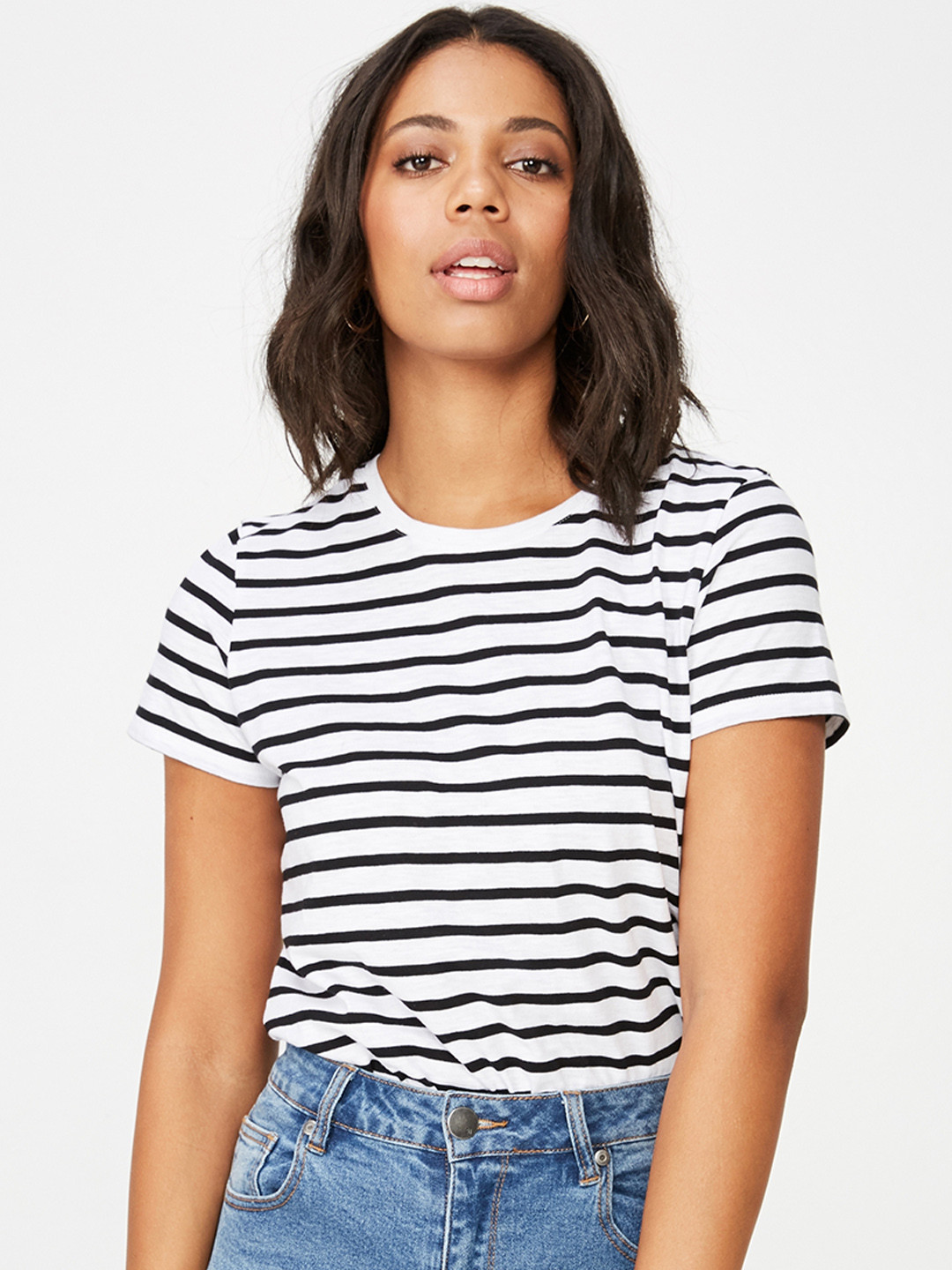 Buy COTTON ON Women White & Black Striped Round Neck T Shirt - Tshirts