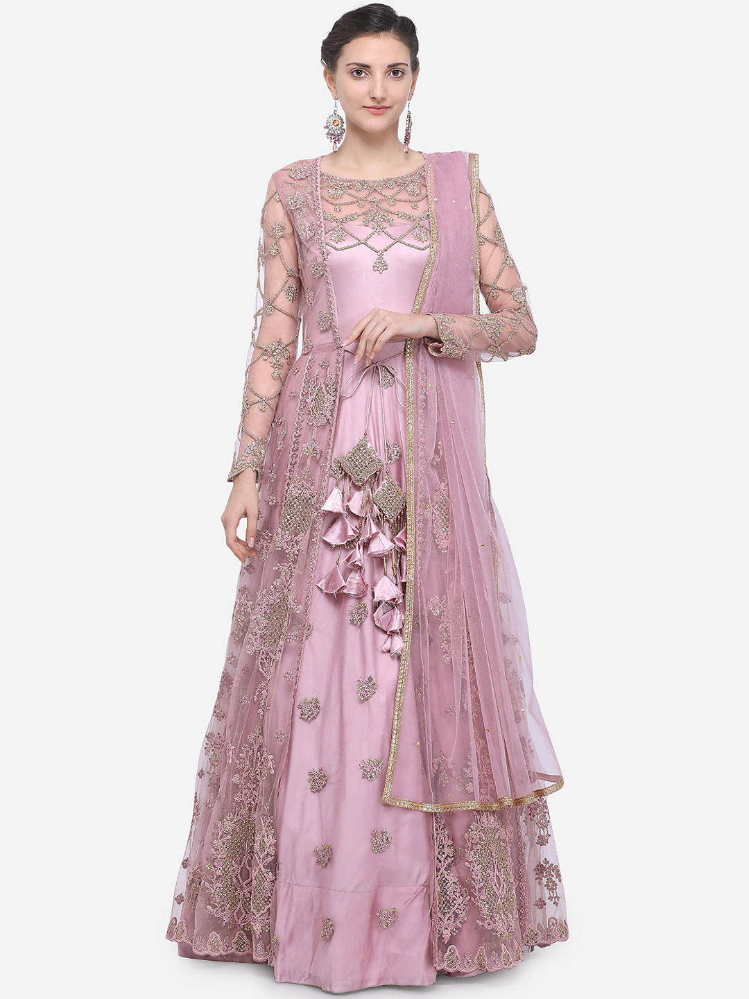 Buy Stylee LIFESTYLE Pink Net Semi Stitched Dress Material Dress