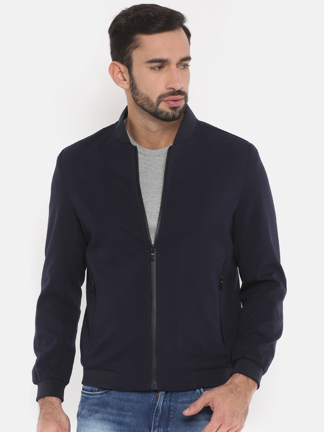 Buy The Indian Garage Co Men Navy Blue Solid Bomber Jacket Jackets