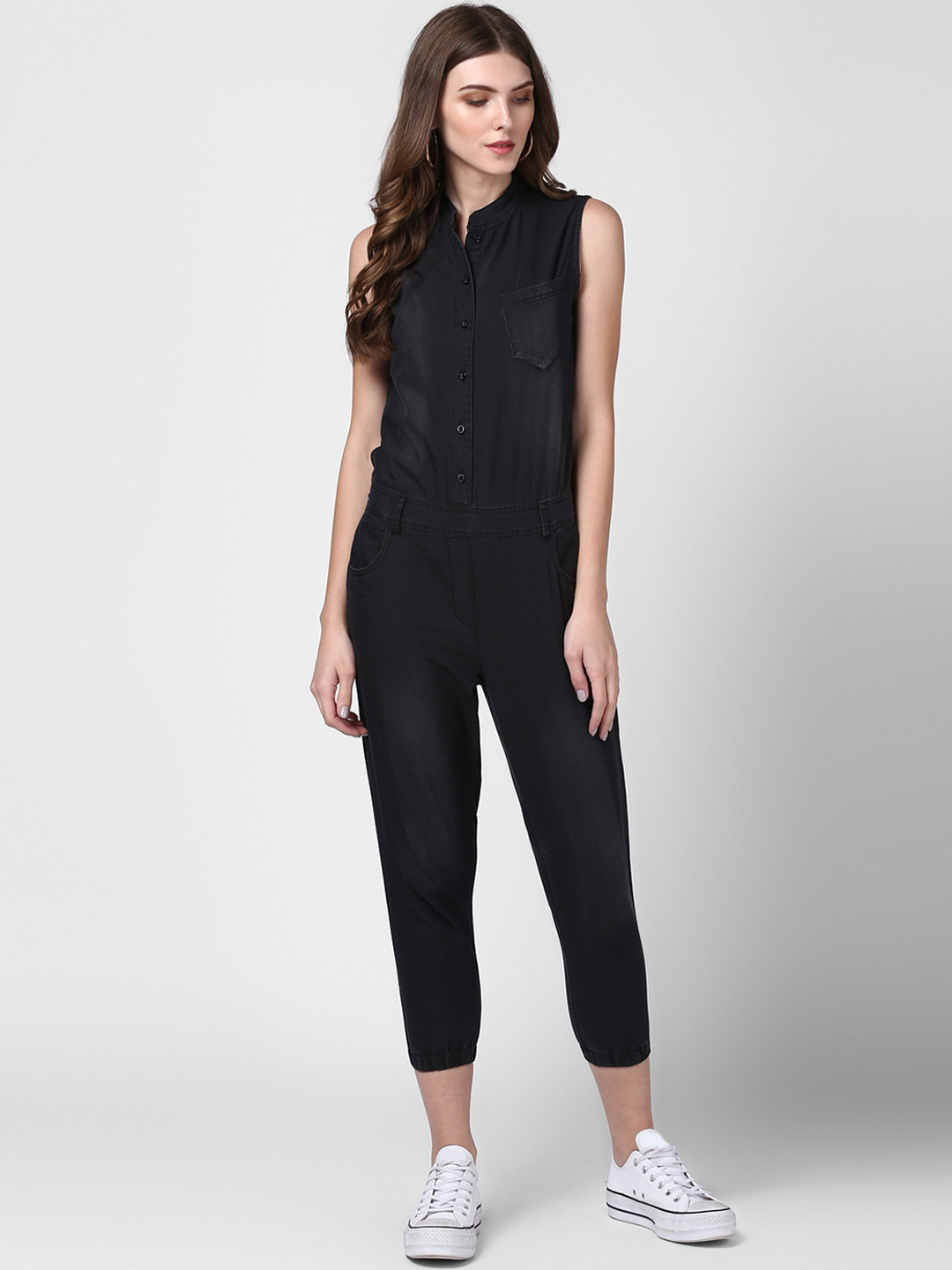 Buy StyleStone Women Black Solid Denim Basic Jumpsuit Jumpsuit for