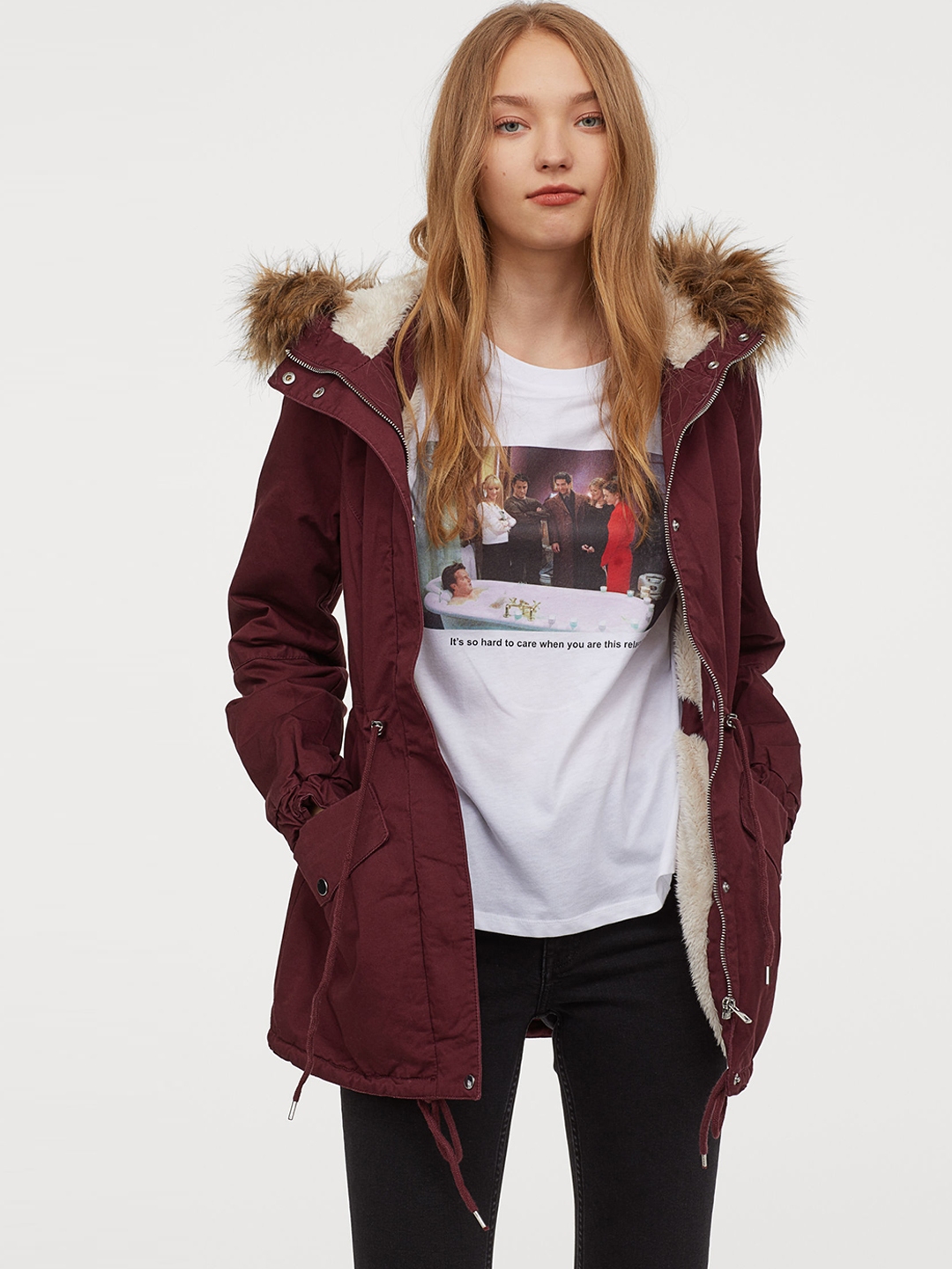 maroon parka jacket