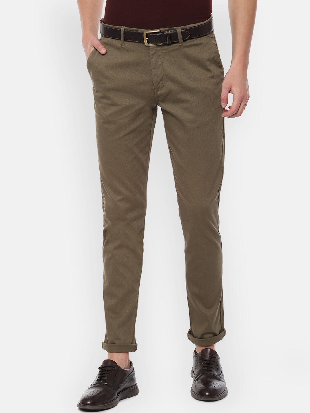 Buy People Men Olive Brown Regular Fit Self Design Regular Trousers ...