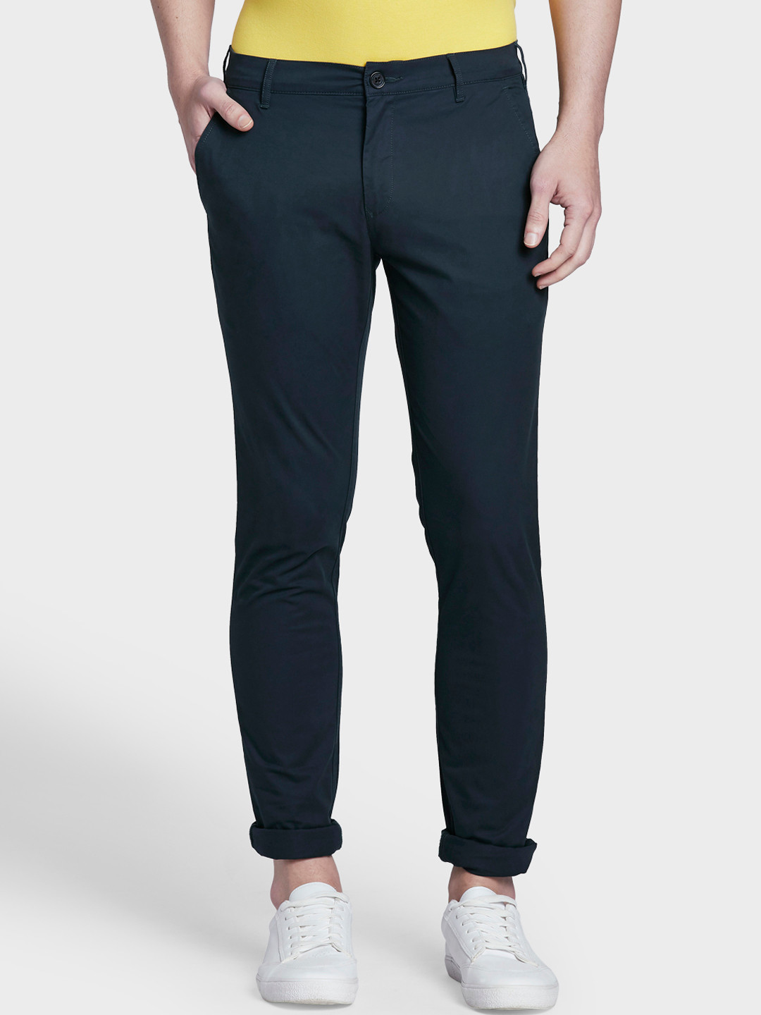 Buy ColorPlus Men Navy Blue Regular Fit Solid Regular Trousers ...