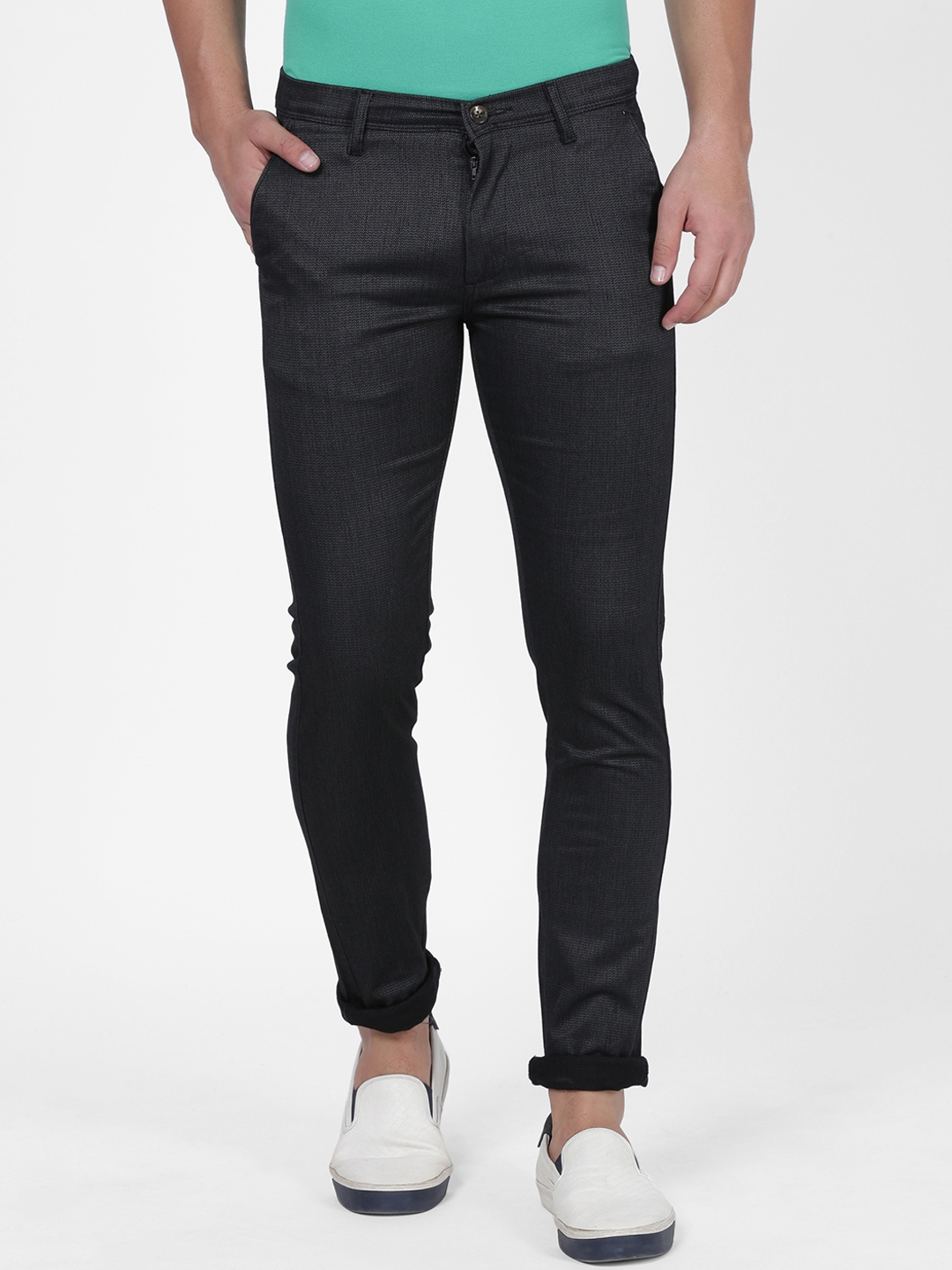 Buy NO NEXT Men Black Smart Slim Fit Self Design Regular Trousers ...