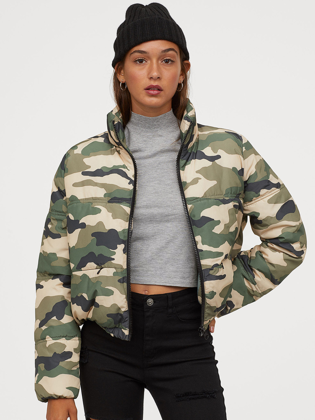 Buy H&M Women Green & Beige Printed Padded Jacket Jackets for Women