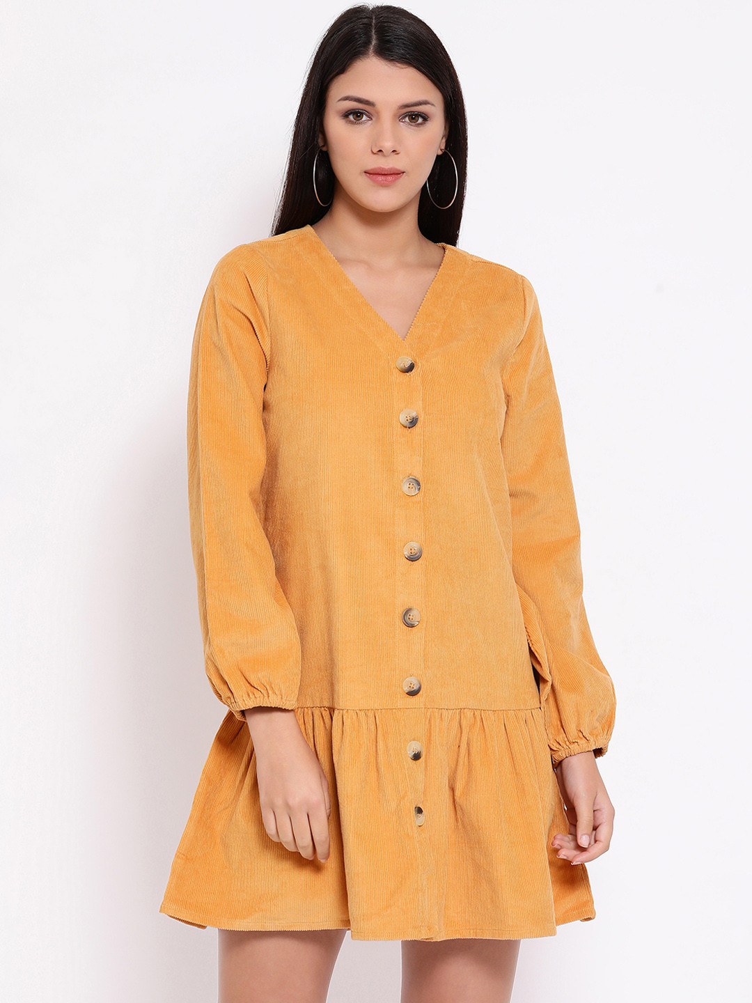 Buy Oxolloxo Women Mustard Yellow Solid Corduroy Drop Waist Dress