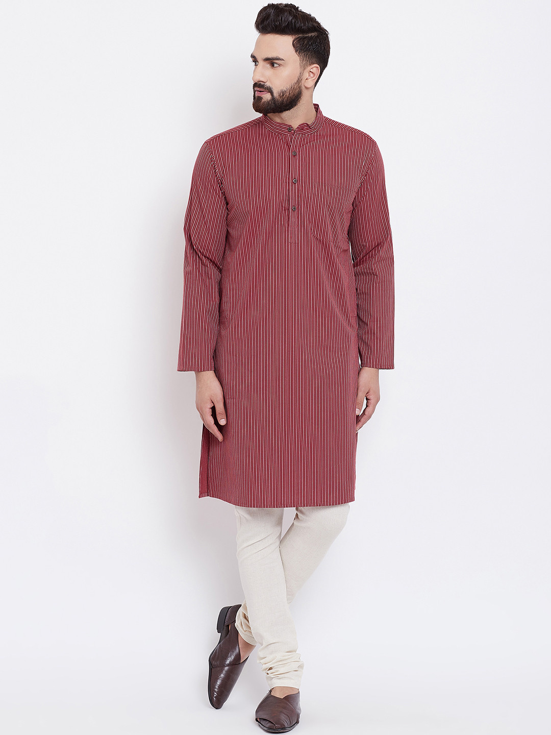 Men Beige & Red Straight Kurta