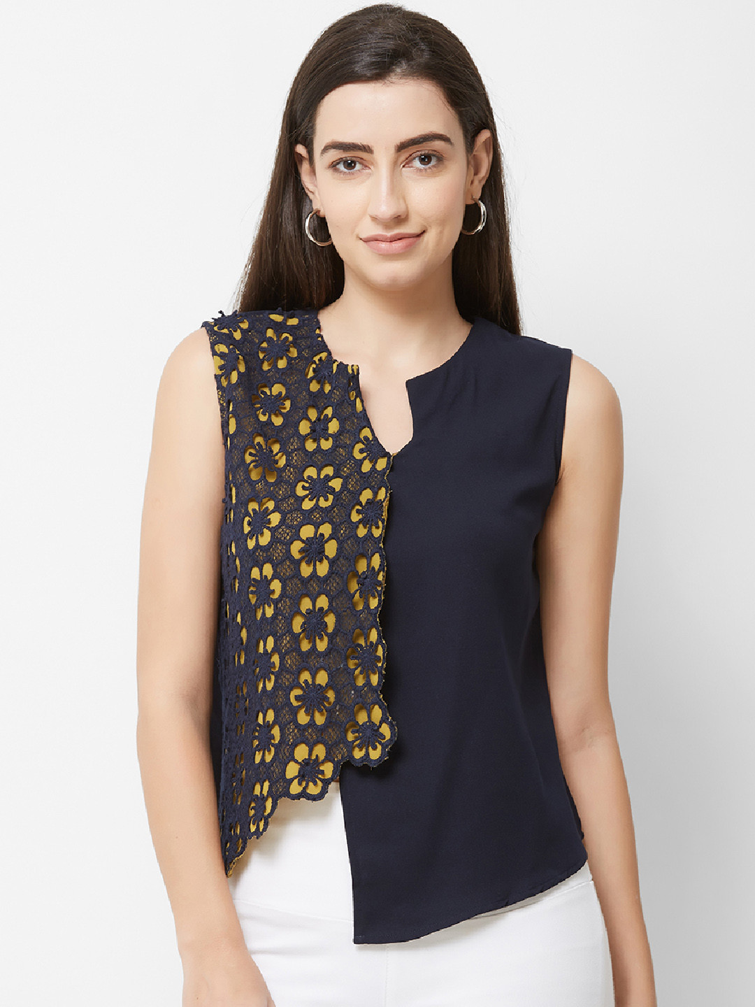 Buy Soie Women Navy Blue & Yellow Self Design High Low Top Tops for