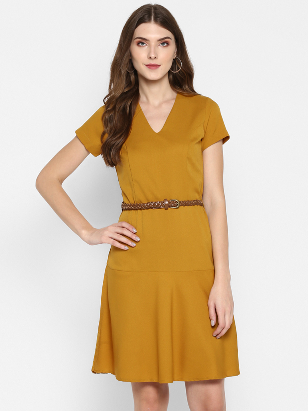 Buy MIAMINX Women Mustard Yellow Solid Fit And Flare Dress Dresses