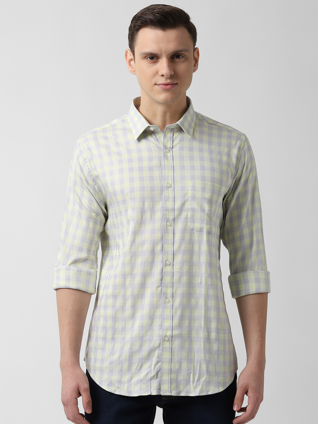 Buy Peter England Men Yellow & Purple Slim Fit Checked Casual Shirt