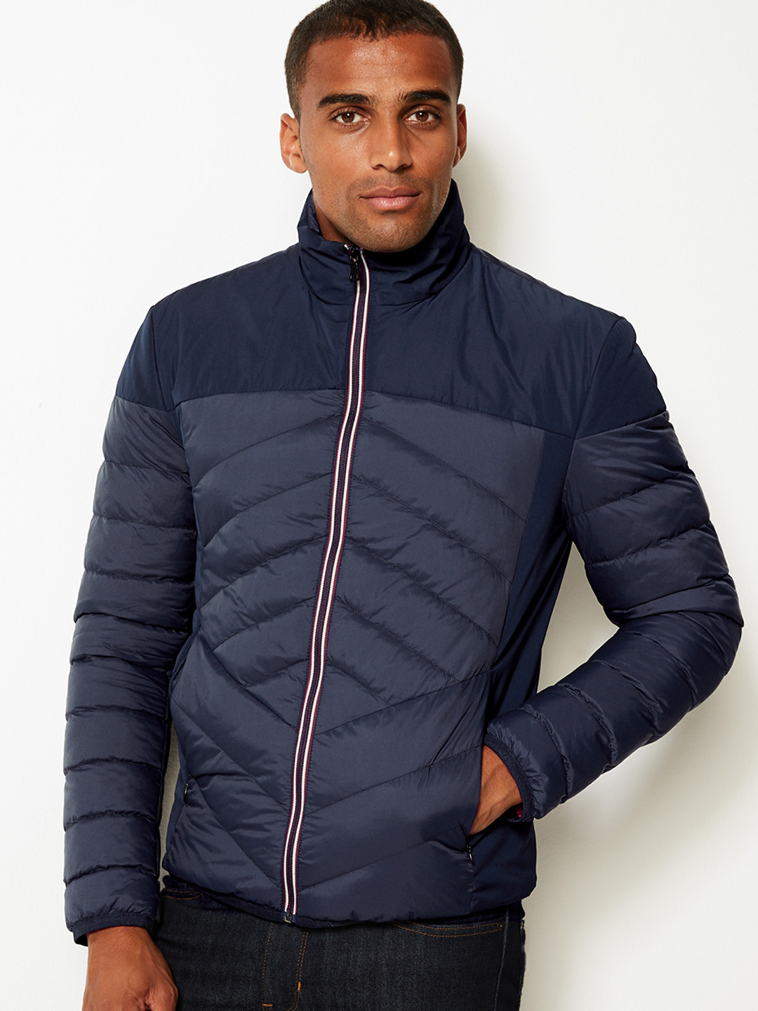 Buy Marks & Spencer Men Navy Blue Colourblocked Puffer Jacket Jackets
