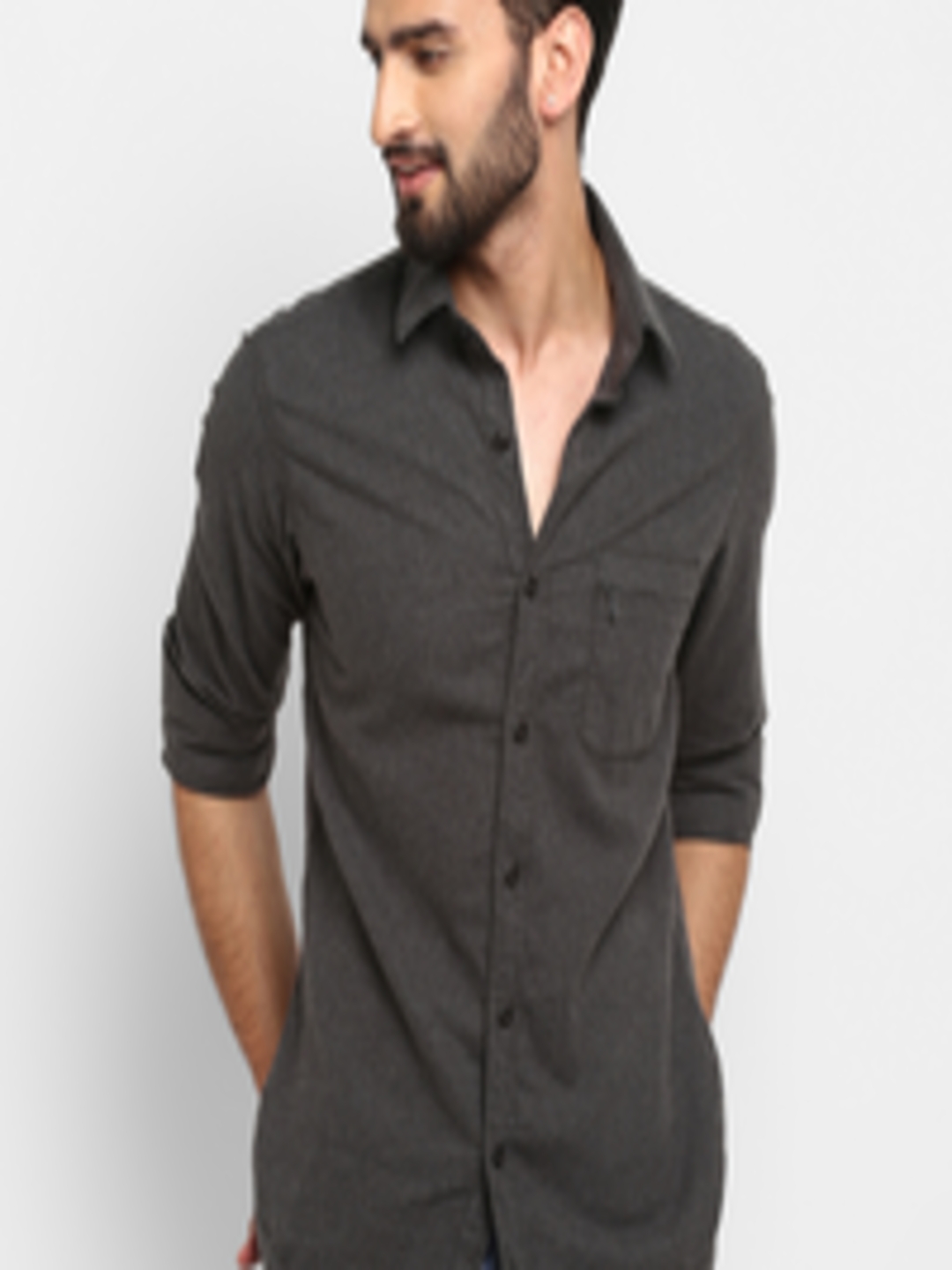 Buy Mufti Men Charcoal Slim Fit Solid Casual Shirt - Shirts for Men ...