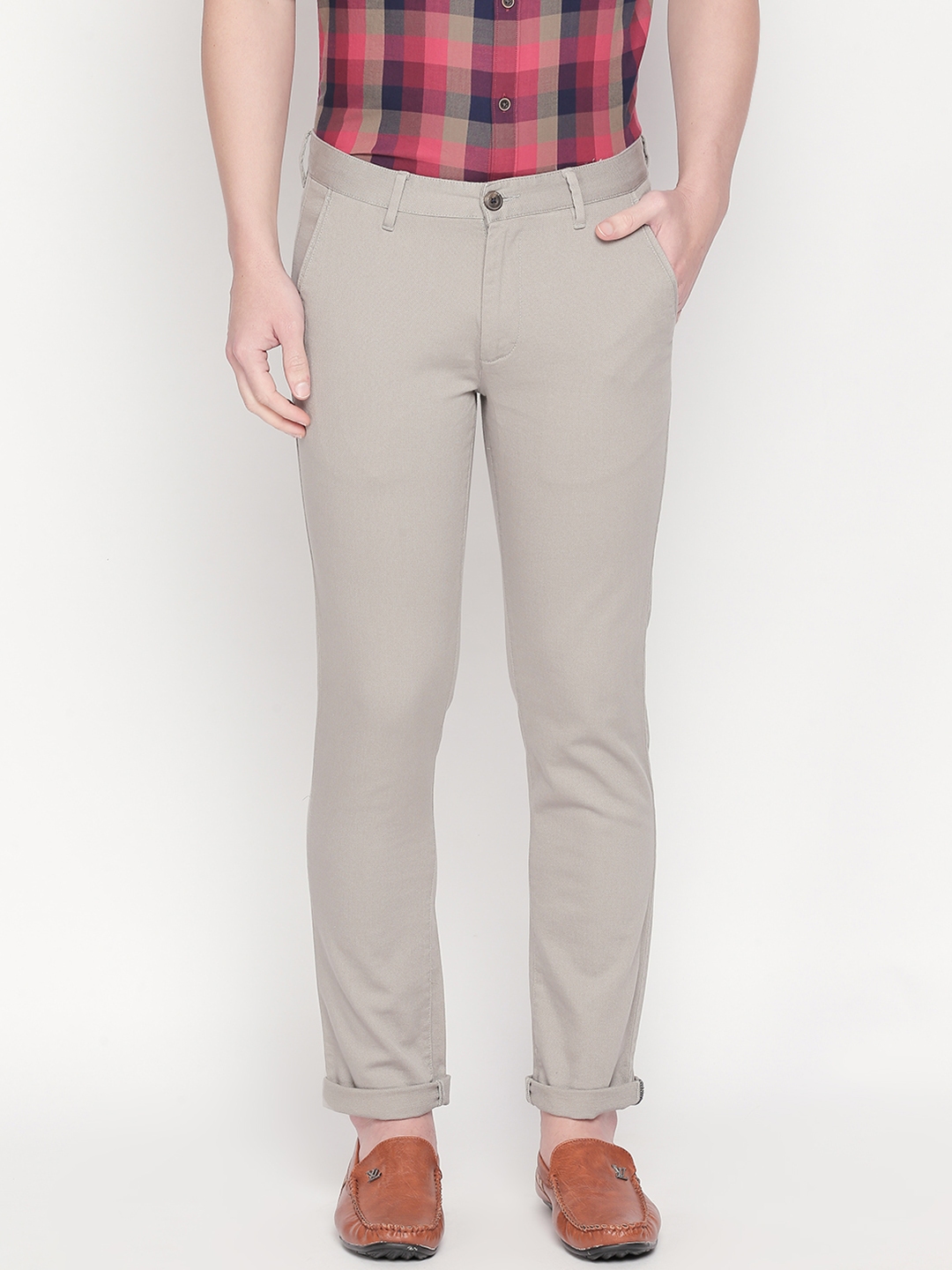 Buy BYFORD By Pantaloons Men Grey Slim Fit Self Design Regular Trousers ...