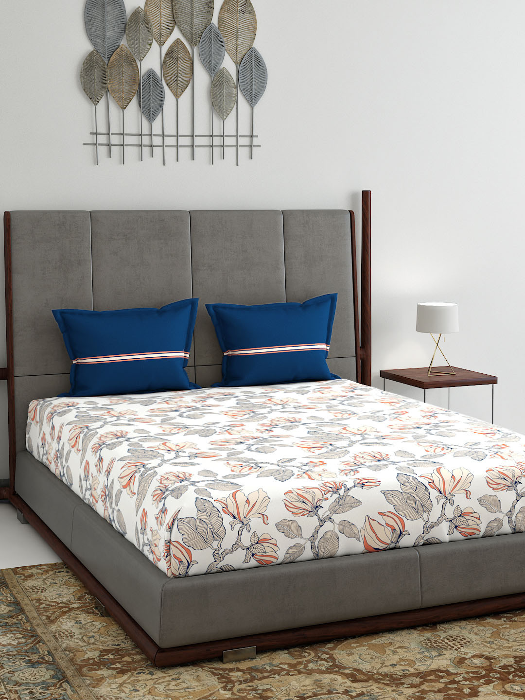 Buy Trident Off White Floral 144 TC Cotton 1 King Bedsheet With 2