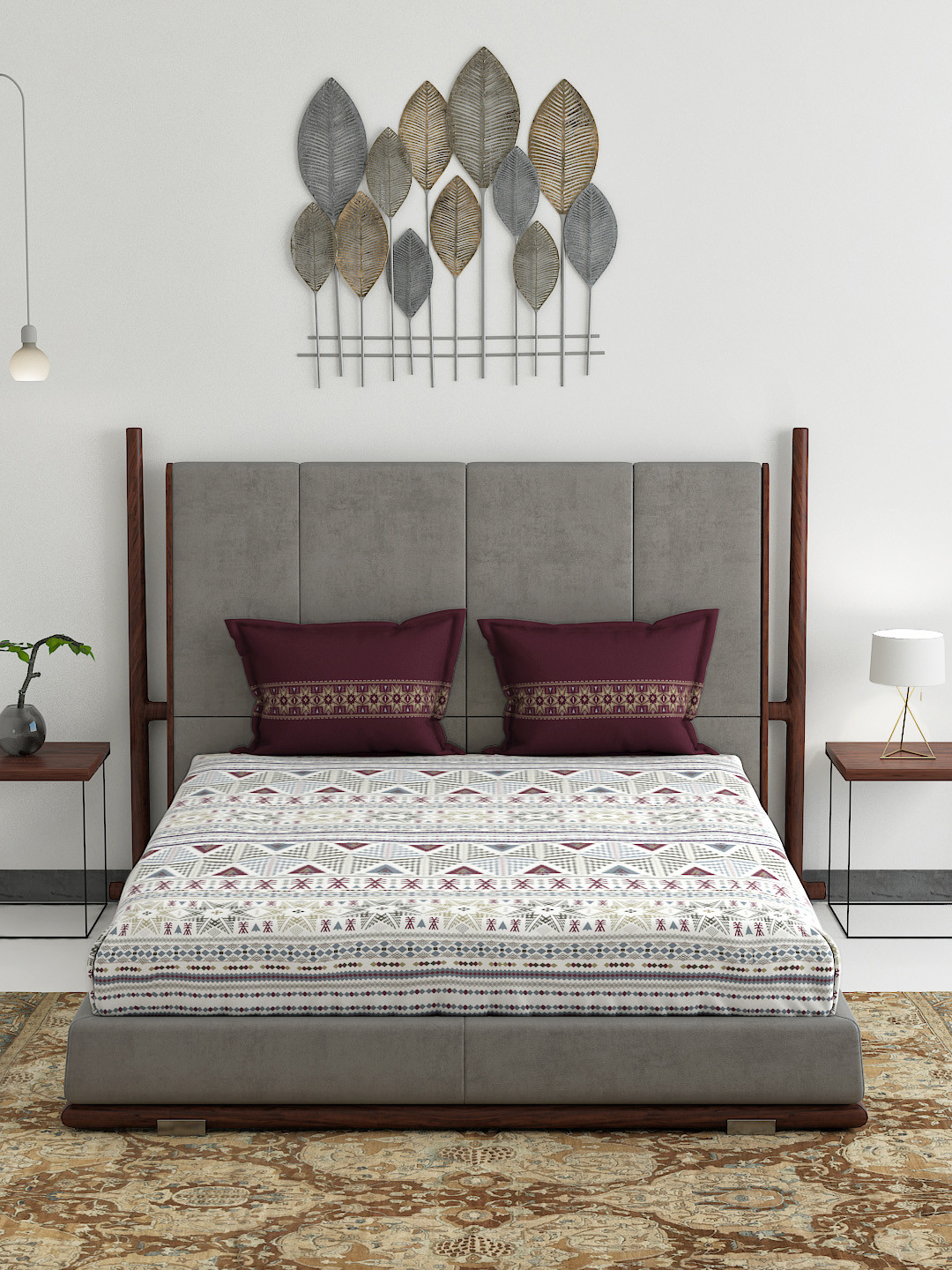 Buy Trident Burgundy & Off White Ethnic Motifs 144 TC Cotton 1 King