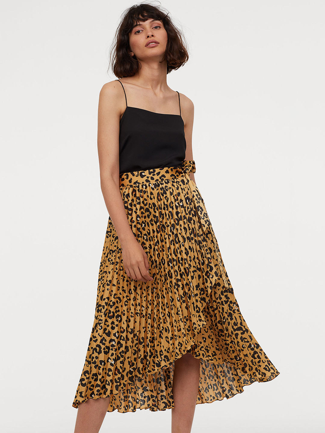 Buy H&M Women Yellow & Black Printed Pleated Wrapover Skirt Skirts