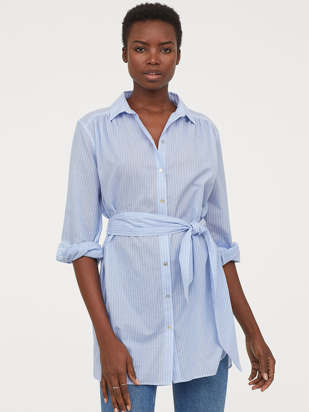 Buy H&M Women Blue Solid Long Shirt With A Tie Belt Shirts for Women