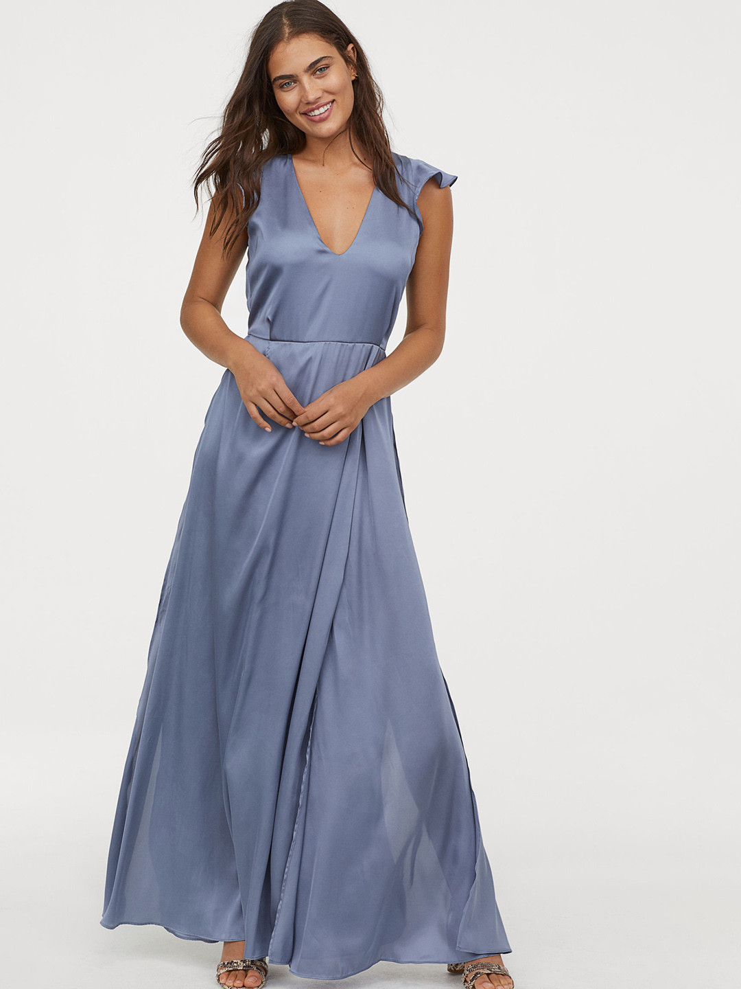 Buy H&M Blue Solid Long V Neck Dress Dresses for Women 10574544 Myntra